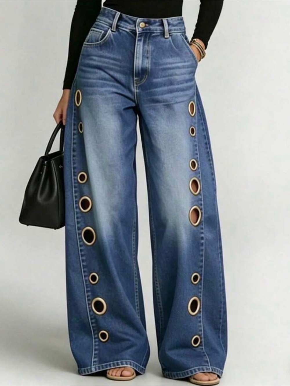 NEW - Wide Leg Grommet Detail Denim Blue Jeans